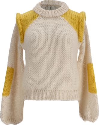 Ganni Ganni Julliard Knitted Color-Block Sweater in Cream and Yellow Mohair Wool