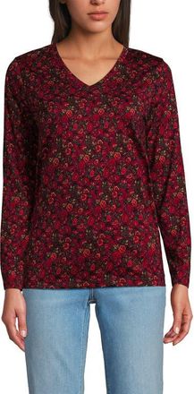 Lands End Supima Cotton Long Sleeve V-Neck T-Shirt in Lush Burgundy/red Flowers at Nordstrom, Size X-Small P
