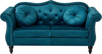 Beliani Sofa Teal Velvet 2 Seater Nailhead Trim Button Tufted Throw Pillows Rolled Arms Glam SKIEN