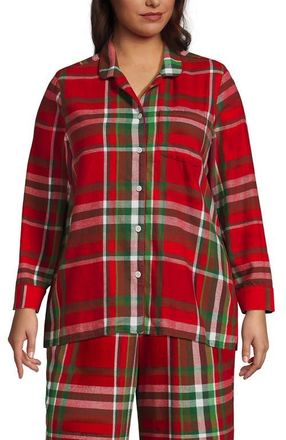 Lands End Long Sleeve Print Flannel Pajama Top in Compass Red/emerald Plaid at Nordstrom, Size 3X