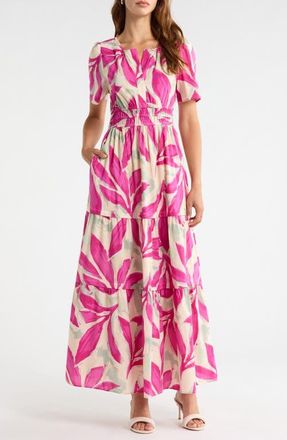 Melloday Short Sleeve Tiered Maxi Dress in Bone Rose Violet Leaf at Nordstrom, Size X-Large