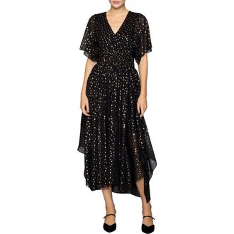 Melloday Metallic Smocked Waist Chiffon Maxi Dress in Black Gold at Nordstrom Rack, Size X-Small