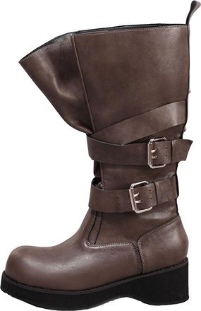 Generic Womens Mid Calf Dress Boots Biker Motorcycle Riding Boots for Women Comfortable Fashionable Chunky Heel Round Toe Loose Platform Winter Boots with Buc