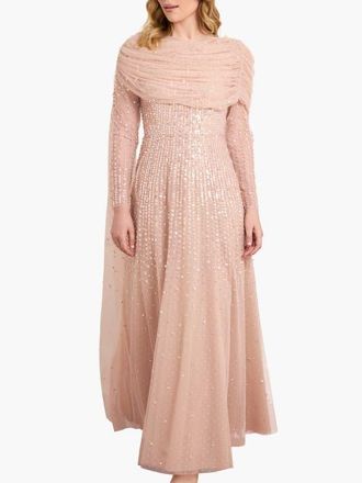 Needle & Thread Moonlight Sequin Draped Long Sleeve Gown in Biscuit at Nordstrom, Size 12