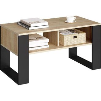 Woltu Mesa De Centro Con 2 Compartimentos Abiertos - Mesa De Centro Roble Claro + Negro, 90x45x45cm - Woltu