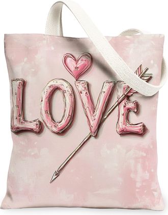 Generic Love Heart Canvas Tote Bags, Floral Arrowhead Pattern Reusable Grocery Bags, Spring Vintage Chic Lightweight Washable Canvas for Travel Beach Picnic 1