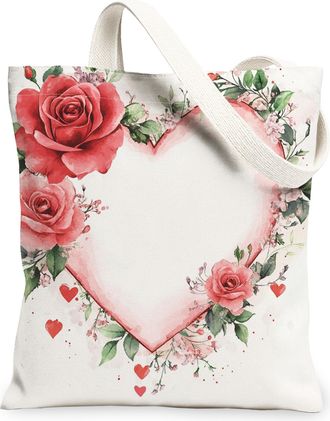 Generic Valentines Floral Canvas Tote Bags, Romantic Rose Heart Design Reusable Grocery Bags, Lightweight Washable Shoulder Strap Canvas for Shopping Travel B