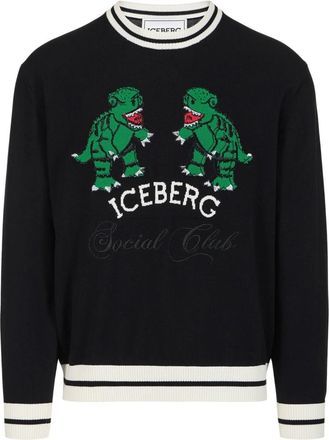 Iceberg Katoenen trui met ronde hals en drakeninleg - Heren - Ronde hals truien - Zwart - L - Katoen - Truien & Vesten