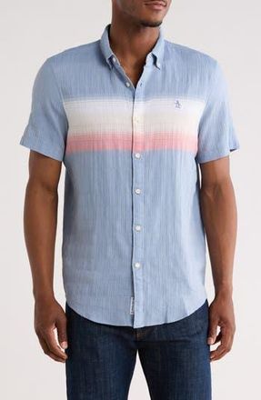 Original Penguin Chest Stripe Short Sleeve Crinkle Button-Down Shirt in Copen Blue at Nordstrom Rack, Size Xx-Large