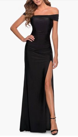 La Femme Off The Shoulder Tie Back And Slit Open Back Prom Dress In Black