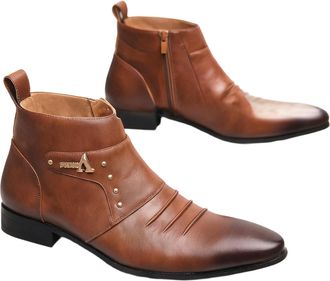 Generic Mens Pointed Toe Formal Ankle Boots PU Leather Short Boots with Side Zipper Flat Heel Office Dress Shoes,Brown,5.5 UK