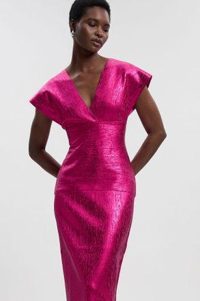 Karen Millen Womens Petite Foil Metallic Figure Form Angel Sleeve Knit Maxi Dress - Pink - Size X-Small