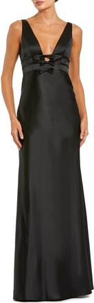 Mac Duggal Sleeveless V Neck Satin Gown With Bow Details in Black at Nordstrom, Size 12