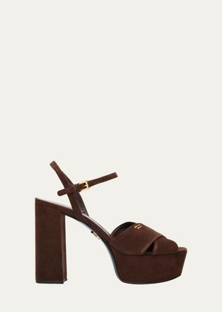 Prada 115mm Suede Crisscross Platform Sandals