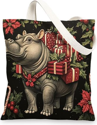Generic Merry Christmas Hippo Canvas Tote Bag for Shopping 13x15, Vintage Fun Animal Xmas Reusable Grocery Print Bag for Women Men, Holiday Wildlife Aesthetic