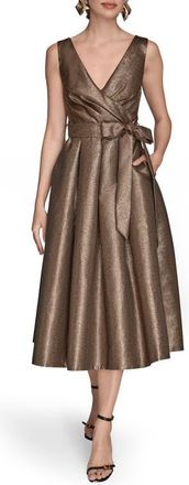 DKNY Metallic Jacquard Pleated Faux Wrap Cocktail Dress in Vicuna at Nordstrom, Size 14