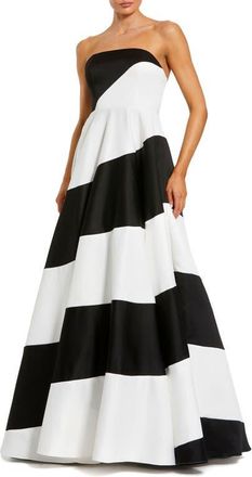 Mac Duggal Petite Strapless Satin Ballgown with Bold Colorblock Stripes in Black Ivory at Nordstrom, Size 10