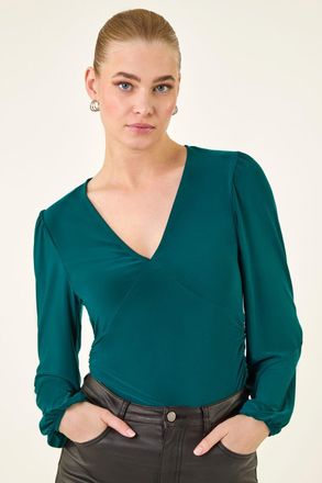 Roman Gathered V-Neck Stretch Top