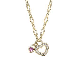 Rachel Glauber 14K Gold Plated with Colored Cubic Zirconia Paperclip Chain Heart Lock Pendant Necklace
