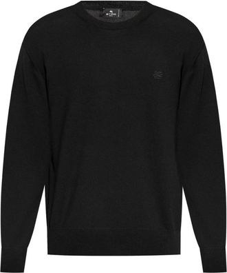 Etro Zwarte wollen trui met Pegaso-motief - Heren - Ronde hals truien - Zwart - M - Wol - Truien & Vesten
