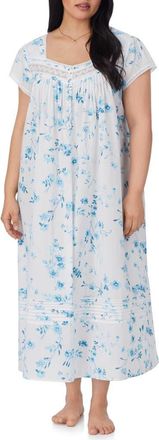 Eileen West Cap Sleeve Cotton Lawn Ballet Nightgown in Aqua Floral White at Nordstrom, Size 3X