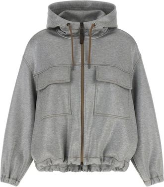 Brunello Cucinelli Shiny Zipper Pull Bomber Jacket - female - Brunello Cucinelli - Zip-throughs - Gray - 2XS - Sweatshirts & Hoodies