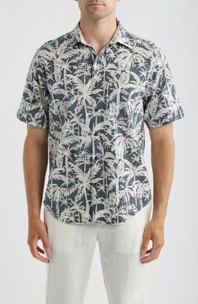 Tommy Bahama Nova Wave Nero Palms Short Sleeve Seersucker Button-Up Shirt in Black at Nordstrom, Size Xxx-Large