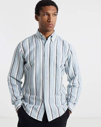HUGO BOSS Linen Mix Stripe Shirt - Light Blue