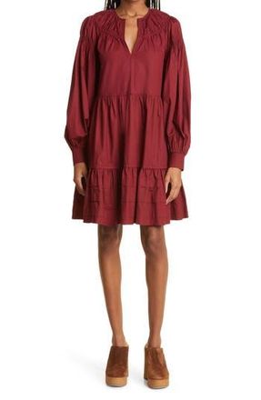 Ulla Johnson Rosa Long Sleeve Tiered Cotton Dress in Bordeaux at Nordstrom Rack, Size 10