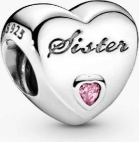 Pandora Sister Heart Silver Charm With Pink Cubic Zirconia