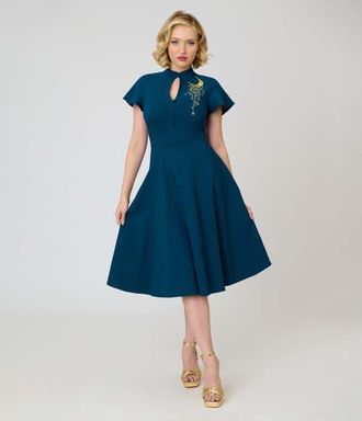 Unique Vintage 1940s Baltimore Swing Dress in Blue Moon & Star Embriodered at Nordstrom, Size X-Small