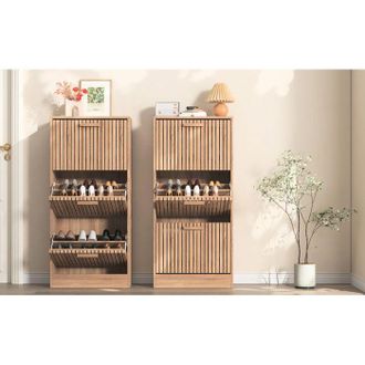 OEM Mueble Para Zapatos, Armario Para Zapatos Con Puertas De Lamas, Organizador De Zapatos De Madera Clara Con Bandeja, Estilo Natural Y Moderno