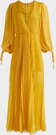 Alice & Olivia Nya Deep V Pleated Chiffon Maxi Dress