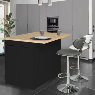 IDMarket Isla Central Ivo 120 Cm En Madera Negra Con Encimera Efecto Haya