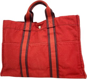 Herm&egrave;s Red Color Canvas Tote Bag (Pre-Owned)
