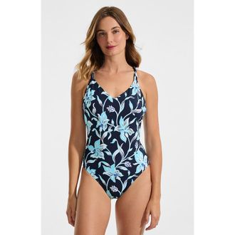 Lands End Tugless QuickDry V-Neck Multi-Way High Leg One Piece Swimsuit in Tropic Floral/navy at Nordstrom, Size 18