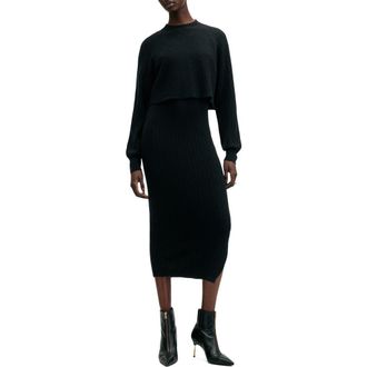 AllSaints Margot Rib Wool Blend Crop Sweater & Midi Sweater Dress Set in Black at Nordstrom Rack, Size Large