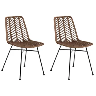 Beliani Conjunto De 2 Sillas Respaldo Y Asiento De Rat&aacute;n Sin Reposabrazos Patas De Hierro Dise&ntilde;o Boho Marr&oacute;n Dilley