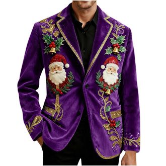 Generic Red Blazer for Men,Ugly Christmas Corduroy Ceremonial Blazers Christmas Elk Printed Blazers Single Breasted Blazer Novelty Xmas Graphic Suit Coat Fest