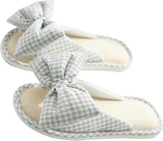 PartyKindom Women Peep Toe Slippers Bow Knot Design Gray Cotton Linen Indoor Non-slip Thick Sole Summer Home Shoes Size l 39-40
