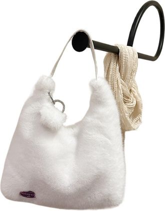 Generic Womens Plush Bags Simple Womens Shoulder Bag Winter Travel Tote Female Soft Fluffy Plush Handbag Large Capacity Shopping(White)