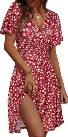 Generic Summer Dress for Women UK 2025, Short Sleeve with Pockets, Sundress for Casual Outings, A-Line, High Waist, Coverup Red