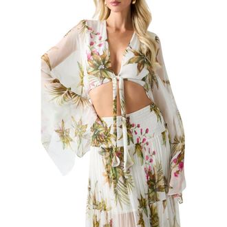 Marciano Tamia Print Bell Sleeve Crop Top in White Multi at Nordstrom, Size 6 Us