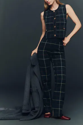 Saylor Tilden Knit Plaid High-Rise Pants