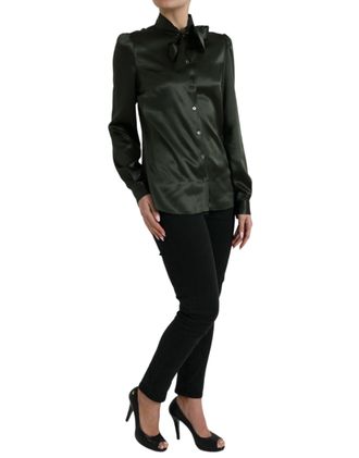 Dolce & Gabbana Womens Gray Long Sleeves Ascot Collar Blouse Top Dark Silk