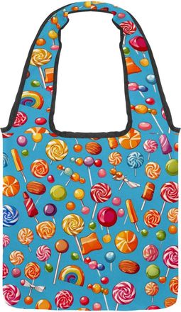 Generic Blue Candy Pattern Reversible Canvas Shoulder Tote - Double-Sided Print, 12oz Cotton, 27cm Drop, Fold-Flat Bag for Travel, Shopping, Street Outings