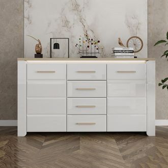 Dmora Aparador Barone, Alacena 4 Cajones, 3 Estantes, Puerta Batiente, Corredera, 154x41x88h Cm Blanco