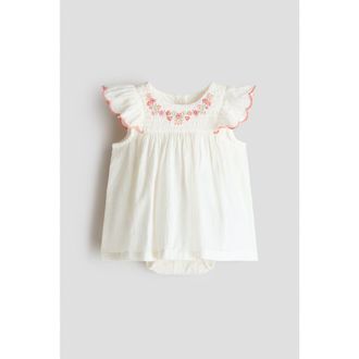 H&M Cotton Bodysuit Dress in White/flowers at Nordstrom, Size Newborn