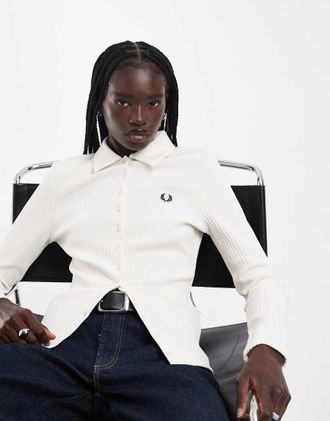 Fred Perry polo a maniche lunghe con coste larghe e bottoni, ecru-Bianco