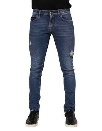 Dolce & Gabbana Mens Distressed Slim Fit Denim - Medium Blue Cotton - Size EU 46 (Mens)